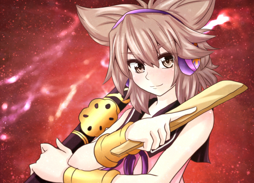 bangle benizuwai bracelet brown_eyes brown_hair dress earmuffs headphones jewelry looking_at_viewer pointy_hair red_background ritual_baton sleeveless sleeveless_dress smile touhou toyosatomimi_no_miko tsurime wrist_cuffs yellow_eyes