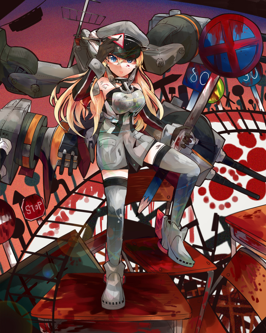 1girl absurdres bare_shoulders bismarck_(kantai_collection) blonde_hair blood blood_on_face blue_eyes breasts bus cannon chair collarbone desk detached_sleeves elbow_gloves gloves grey_legwear hand_on_headwear hat highres holding itomugi-kun kantai_collection lips long_hair looking_at_viewer machinery military military_hat military_uniform motor_vehicle oversized_object peaked_cap pencil railroad_tracks sign signpost solo stop_sign surreal thigh-highs track turret uniform vehicle zettai_ryouiki