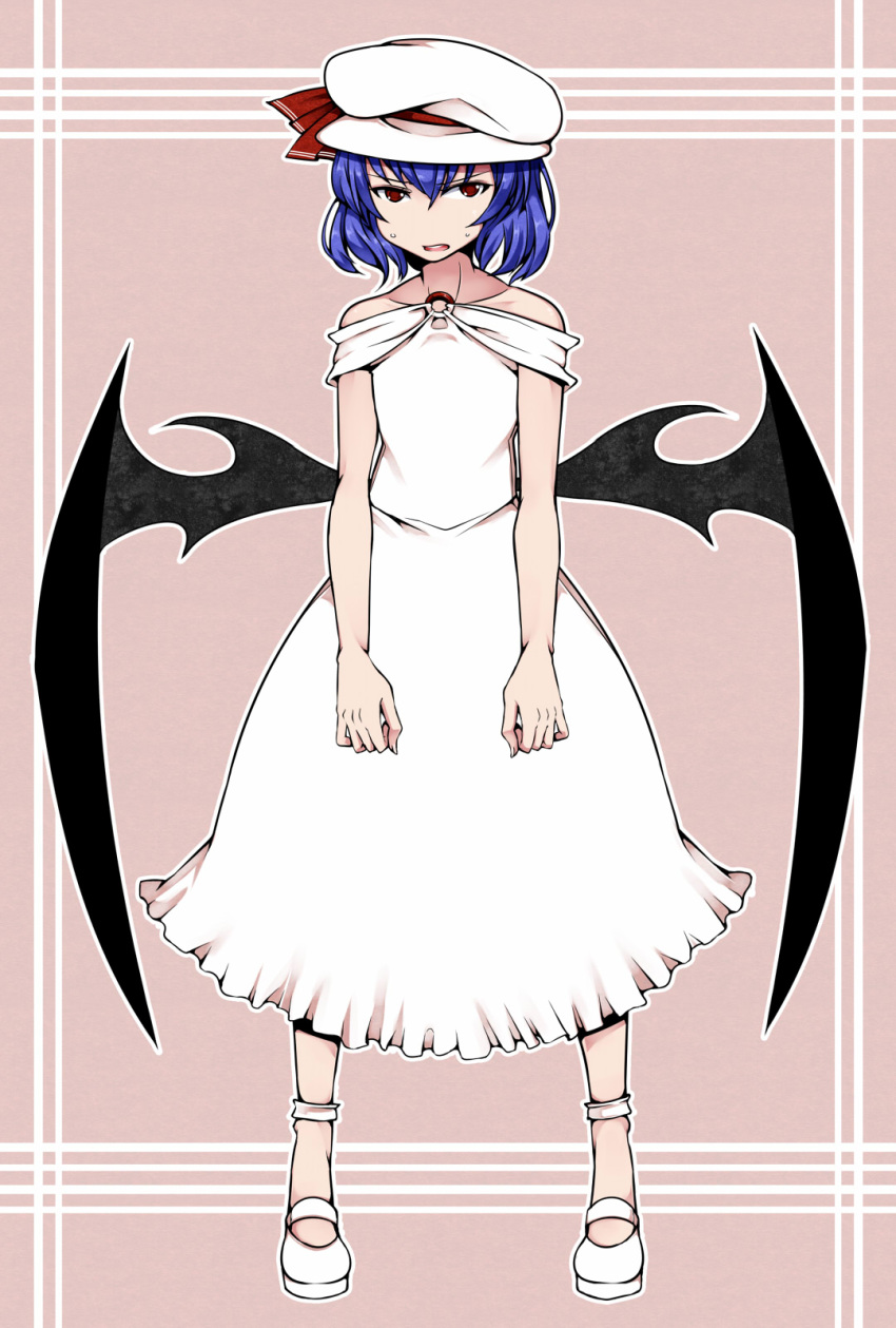 1girl alternate_costume aoshima arms_at_sides bat_wings brooch collarbone dress highres jewelry lavender_hair looking_at_viewer mob_cap off_shoulder red_eyes remilia_scarlet short_hair solo touhou white_dress wings