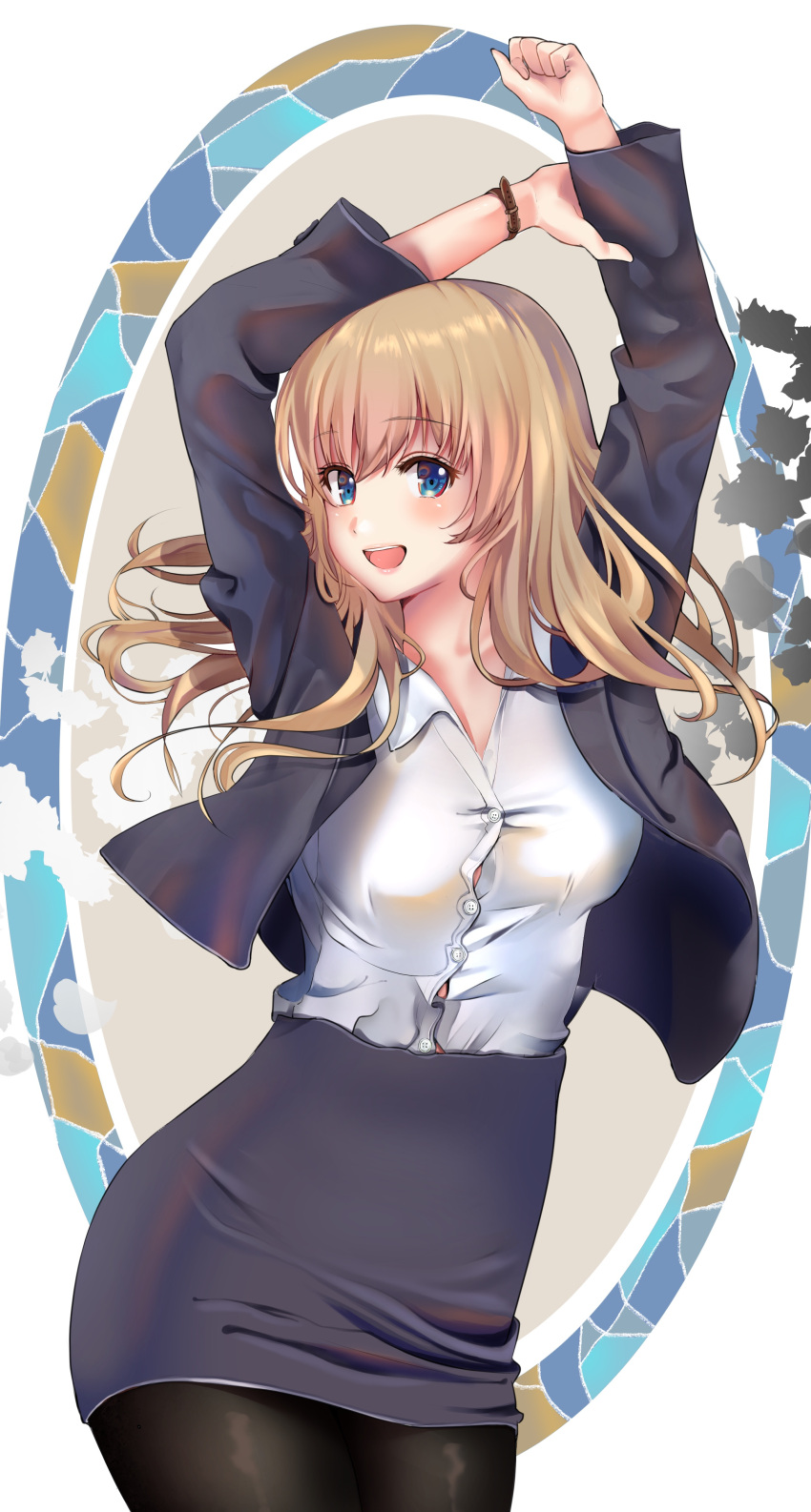 1girl :d absurdres arms_up bangs black_jacket black_legwear black_skirt blonde_hair blue_eyes blush breasts button_gap commentary_request cowboy_shot eyebrows_visible_through_hair hair_between_eyes highres inushima jacket long_hair long_sleeves looking_at_viewer medium_breasts miniskirt office_lady open_clothes open_jacket open_mouth original pantyhose pencil_skirt shirt skirt smile solo standing thighs white_background white_shirt