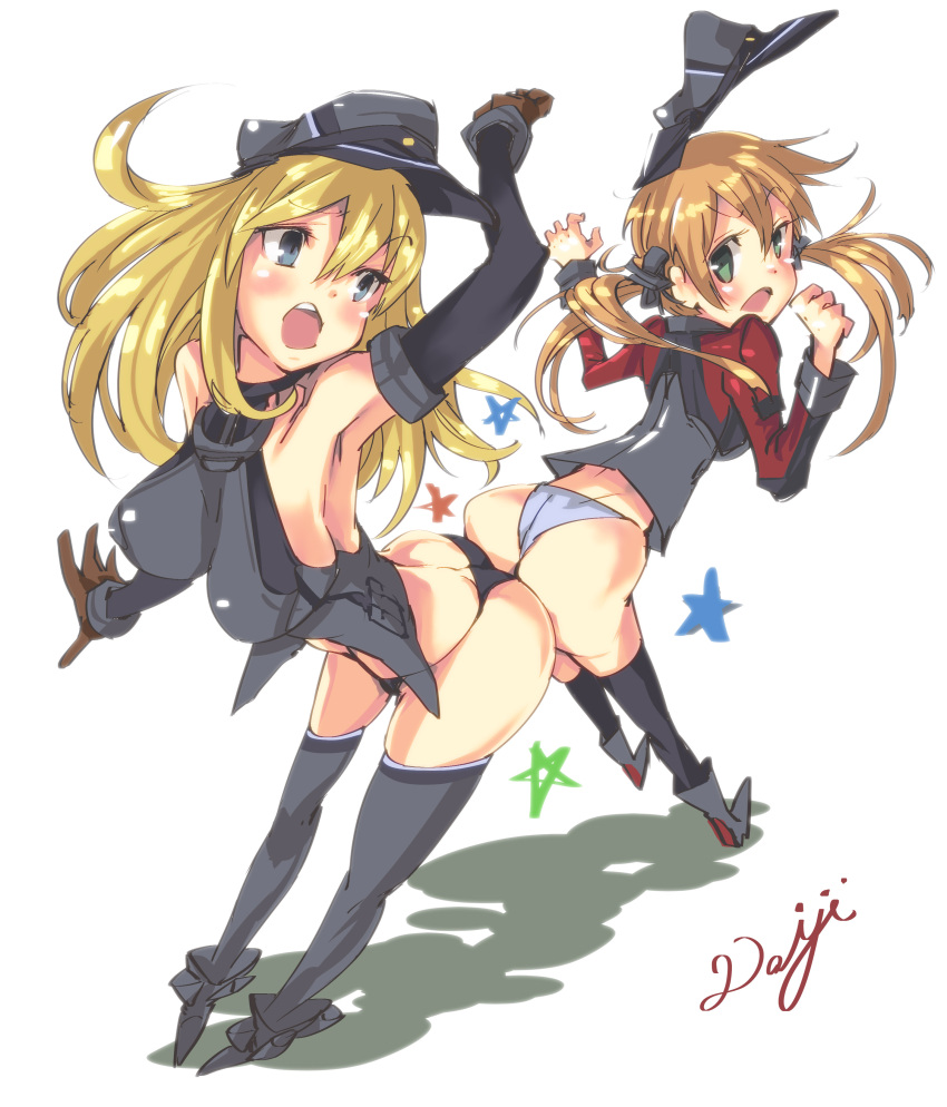 2girls absurdres armadillo-tokage armpits artist_name ass ass-to-ass bare_shoulders bismarck_(kantai_collection) black_legwear black_panties blonde_hair blue_eyes blush breasts brown_gloves butt_crack detached_sleeves gloves green_eyes grey_legwear hat highres hip_attack kantai_collection large_breasts long_hair long_sleeves looking_at_another looking_back military military_uniform multiple_girls no_pants panties peaked_cap prinz_eugen_(kantai_collection) shadow simple_background star thigh-highs twintails underwear uniform white_background white_panties