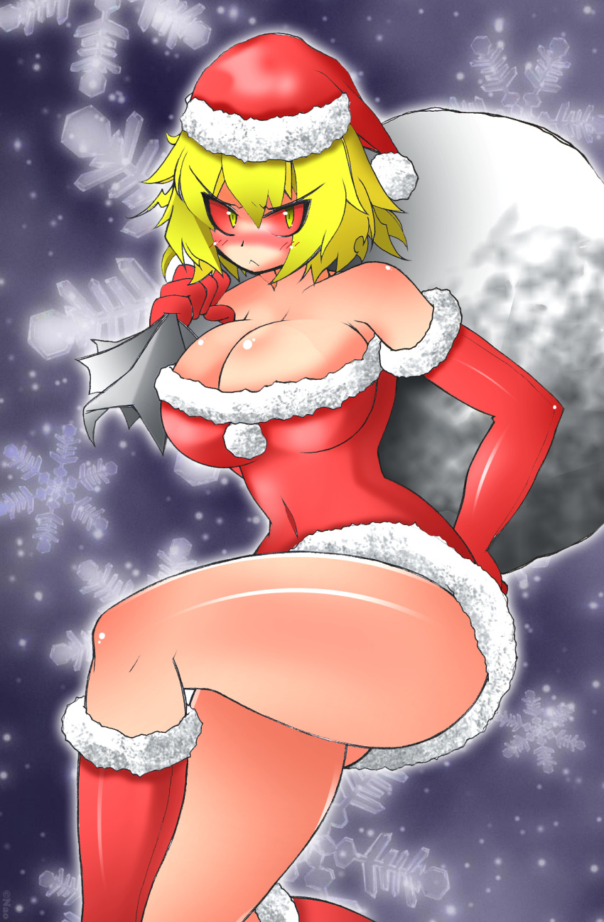 1girl :&lt; arcueid_brunestud ato_(bfj315) bare_shoulders blonde_hair blush boots breasts cleavage dress elbow_gloves full-face_blush gloves hat highres melty_blood red_gloves red_sclera sack santa_costume santa_hat short_dress short_hair solo strapless_dress tsukihime warcueid yellow_eyes
