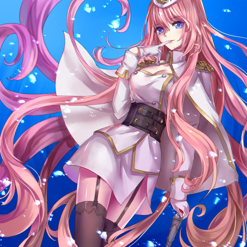 1girl biting black_legwear blue_eyes cape epaulettes garrison_cap garter_straps glove_biting gloves hat highres long_hair megurine_luka military military_uniform monogo pink_hair skirt solo thigh-highs uniform very_long_hair vocaloid white_gloves