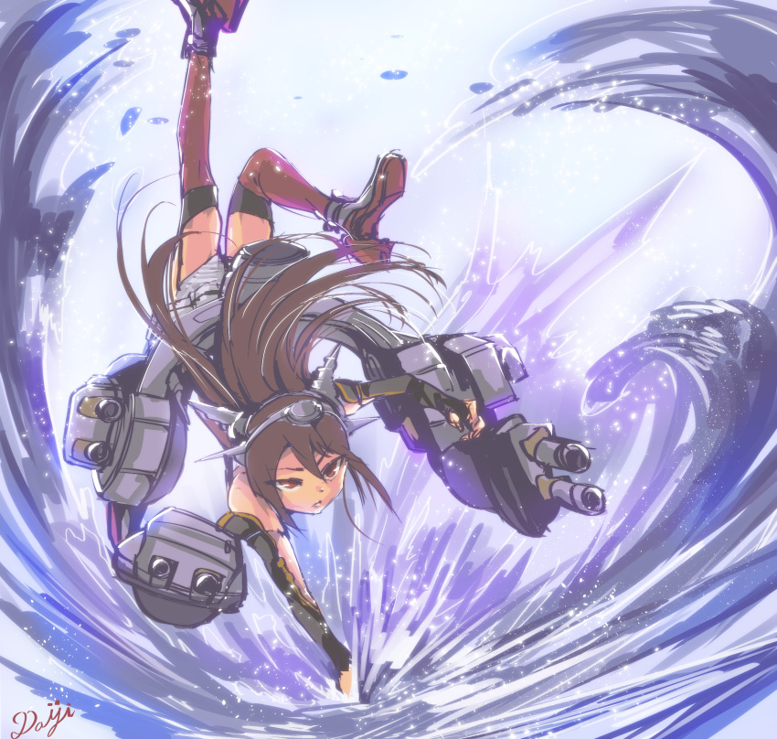 1girl absurdres armadillo-tokage artist_name bare_shoulders brown_hair flexible grey_panties handstand headgear highres kantai_collection long_hair machinery nagato_(kantai_collection) over-kneehighs panties red_eyes red_legwear skirt solo striped striped_panties thigh-highs turret underwear water white_skirt