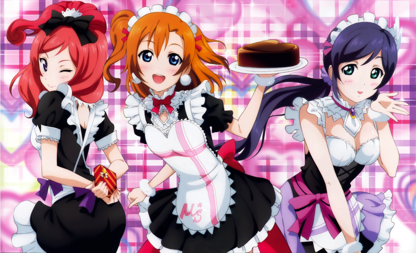 3girls absurdres apron blue_eyes blue_hair blush bow breasts cake chocolate cleavage detexted food green_eyes hair_bow hands_behind_back headdress highres kousaka_honoka long_hair looking_back loong_hair love_live!_school_idol_project multiple_girls nishikino_maki official_art open_mouth orange_hair ponytail redhead toujou_nozomi tray valentine very_long_hair violet_eyes waitress wink wrist_cuffs