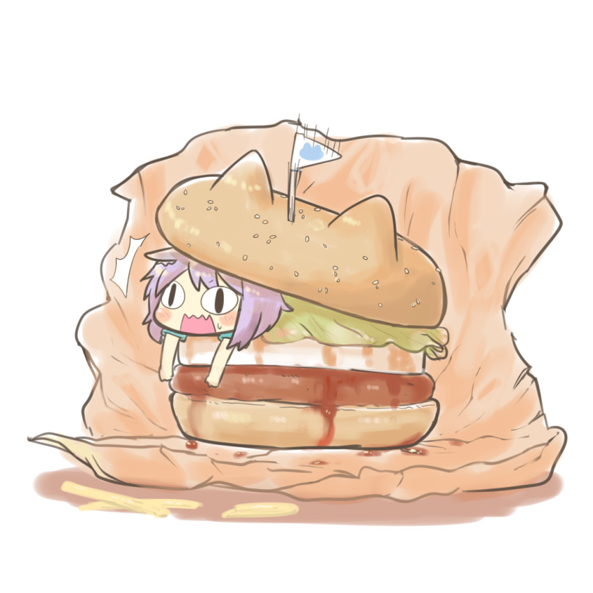 /\/\/\ 1girl animal_ears black_eyes blush_stickers cat_ears flag food hamburger inishie kantai_collection ketchup lettuce lying open_mouth purple_hair short_hair solo sweatdrop tama_(kantai_collection) wavy_mouth wrapper