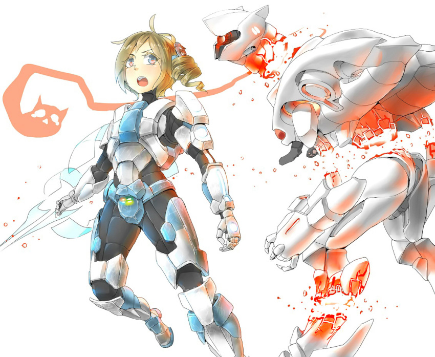 1girl ahoge aizawa_inori alien armor commentary crossover decapitation drill_hair hair_ornament halo_(game) internet_explorer m_hafidz_a microsoft open_mouth side_ponytail simple_background tagme white_background windows