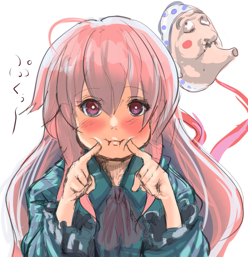 1girl bakabakasii blush bow bust expressionless face_mask fingersmile hata_no_kokoro highres long_hair long_sleeves mask pink_hair pouty_lips shirt sketch solo touhou very_long_hair violet_eyes wide_sleeves