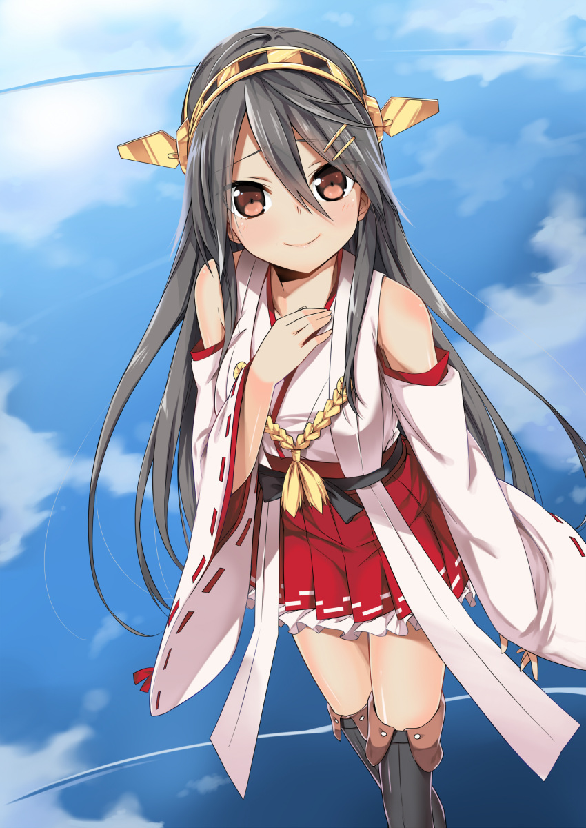 1girl @ichigo absurdres bare_shoulders brown_eyes detached_sleeves frilled_skirt frills grey_hair hair_ornament hairband hairclip hand_on_own_chest haruna_(kantai_collection) headgear highres japanese_clothes kantai_collection lace lace-trimmed_thighhighs long_hair looking_at_viewer nontraditional_miko pleated_skirt red_skirt skirt smile solo thigh-highs zettai_ryouiki