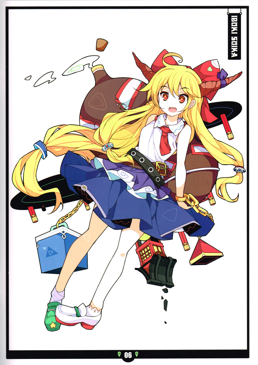 1girl :d absurdres alcohol ascot bare_shoulders belt blonde_hair bottle bow chain gourd hair_bow happy highres horns ibuki_suika ideolo mismatched_footwear oni open_mouth pyramid_(geometry) red_eyes sake sake_bottle scan shrine simple_background skirt sleeveless smile solo sparkling_eyes touhou