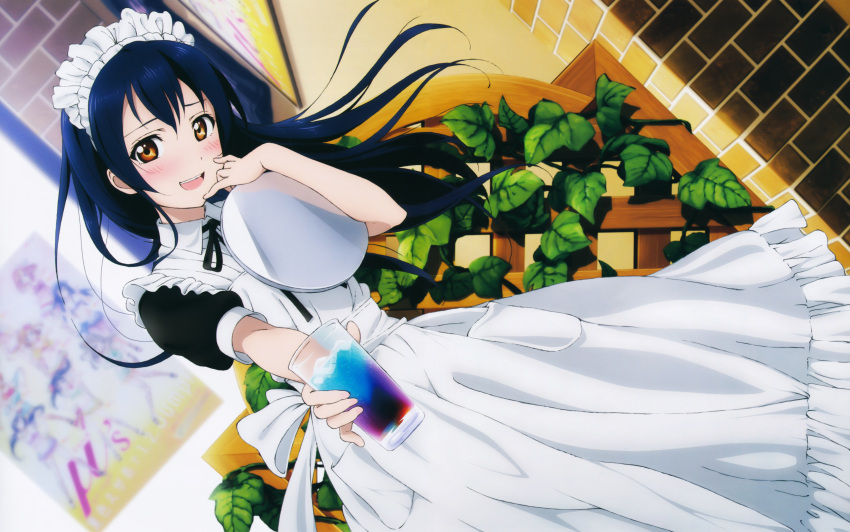 1girl absurdres apron blue_hair blush brown_eyes detexted drink headdress highres long_hair love_live!_school_idol_project maid official_art open_mouth solo sonoda_umi tray