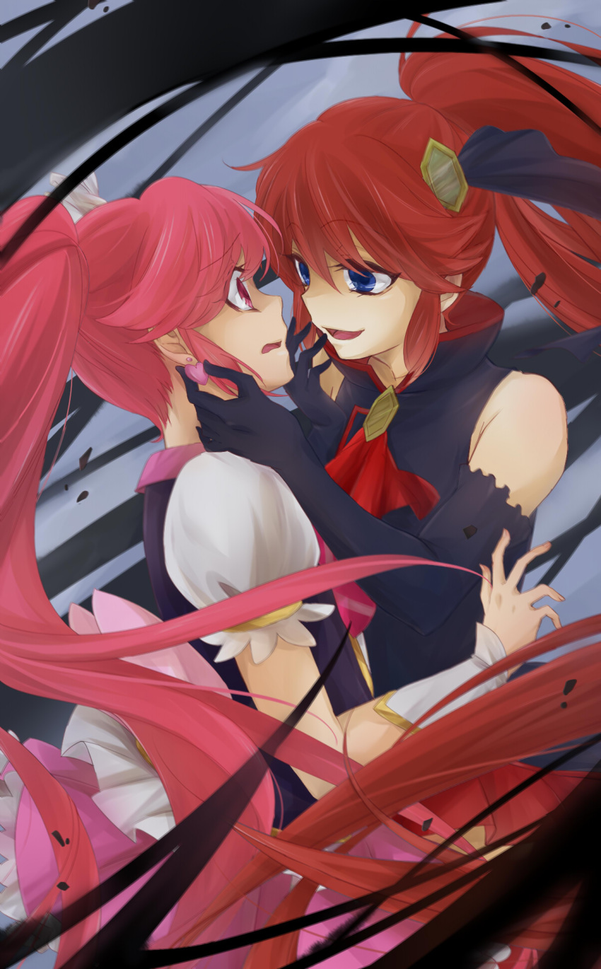 2girls aino_megumi black_gloves blue_eyes blush cure_lovely cure_unlovely earrings elbow_gloves genderswap gloves hair_ornament hair_ribbon hand_on_another's_cheek hand_on_another's_face happinesscharge_precure! heart highres jewelry long_hair magical_girl multiple_girls open_mouth phantom_(happinesscharge_precure!) pink_eyes pink_hair ponytail precure redhead ribbon smile very_long_hair