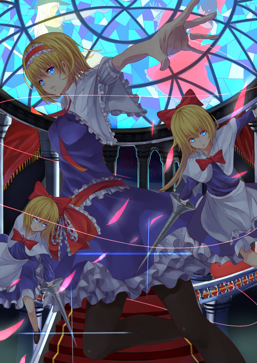 1girl absurdres akira_(mr_akira) alice_margatroid black_legwear blonde_hair blue_eyes capelet frills highres hourai_doll lance long_hair looking_at_viewer parted_lips polearm shanghai_doll short_hair solo string tagme touhou weapon