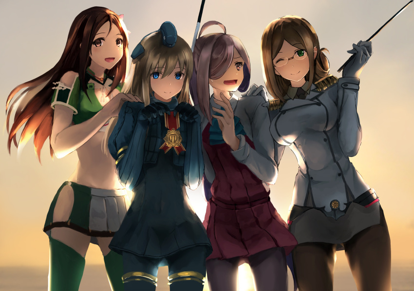 4girls ahoge akabane_rin amagi_(kantai_collection) asashimo_(kantai_collection) bare_shoulders black_legwear blonde_hair blue_eyes brown_eyes brown_hair collared_shirt cropped_jacket double-breasted epaulettes flower folded_ponytail garrison_cap glasses green_eyes hair_flower hair_ornament hair_over_one_eye hat highres japanese_clothes kantai_collection katori_(kantai_collection) long_hair long_sleeves medal midriff military military_uniform multiple_girls necktie open_mouth pantyhose pointer puffy_long_sleeves puffy_sleeves riding_crop school_uniform skirt thigh-highs u-511_(kantai_collection) uniform