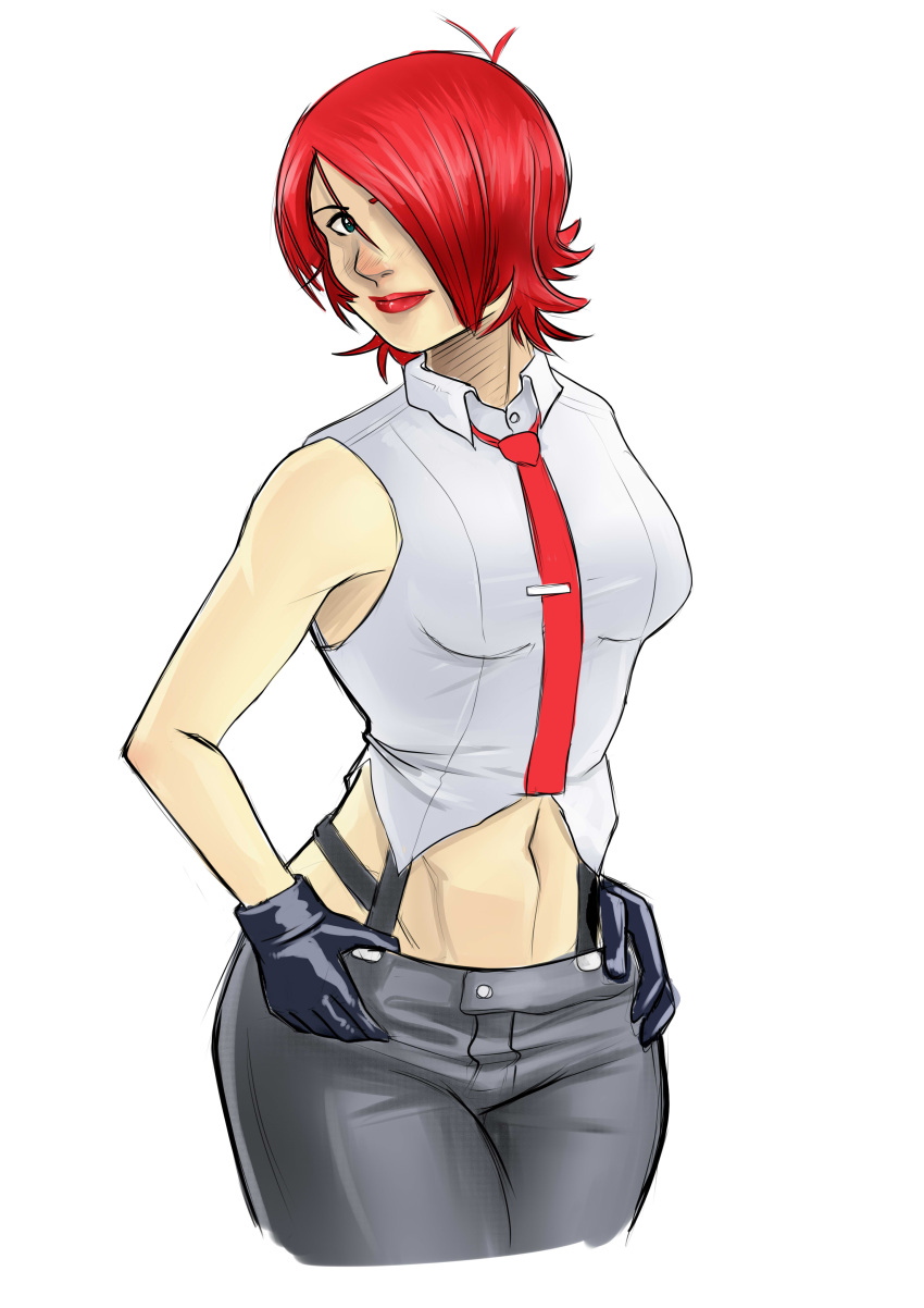 1girl absurdres blue_eyes blush breasts cropped_legs gloves hair_over_one_eye hands_on_hips highres king_of_fighters lips lipstick makeup midriff navel necktie nico_araya_carreno redhead short_hair sleeveless sleeveless_shirt solo suspenders vanessa_(king_of_fighters)