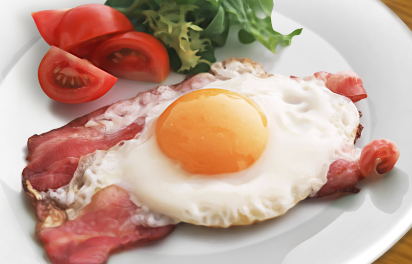 bacon breakfast egg food hokkaido_(artist) lettuce no_humans original photorealistic sunny_side_up_egg tomato