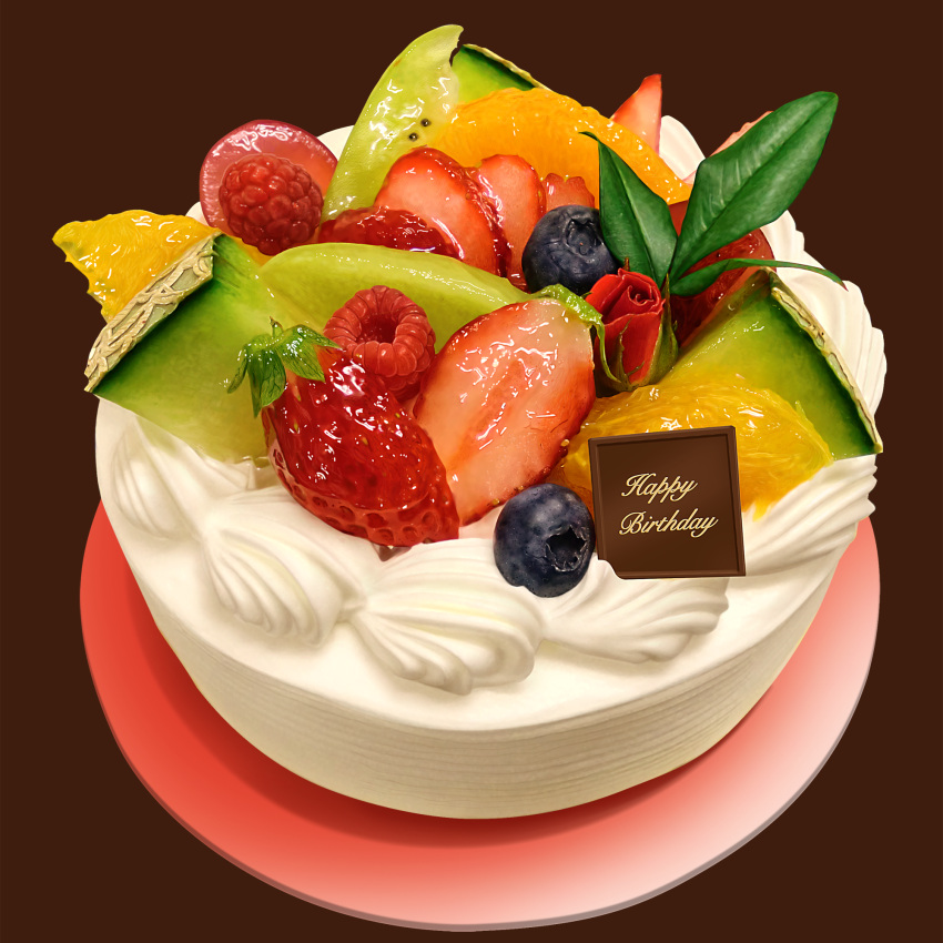 birthday_cake blueberry cake english flower food fruit happy_birthday highres hokkaido_(artist) melon no_humans original peach photorealistic raspberry rose strawberry