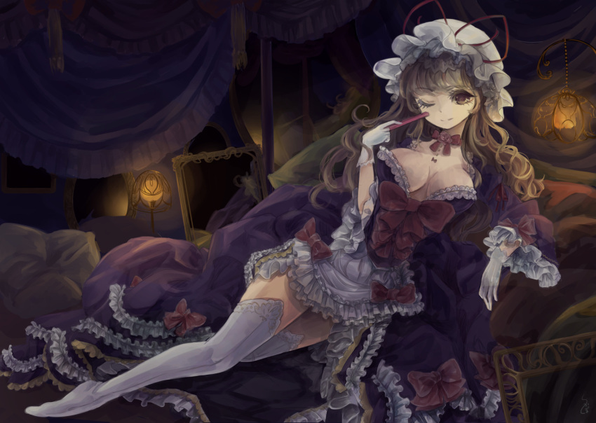 1girl blonde_hair bow breasts cleavage dress hat hat_ribbon highres lace lace-trimmed_thighhighs lamp large_breasts light_smile long_hair long_sleeves lying mob_cap on_side one_eye_closed purple_dress ribbon rikapo solo thigh-highs touhou very_long_hair violet_eyes white_legwear wide_sleeves yakumo_yukari
