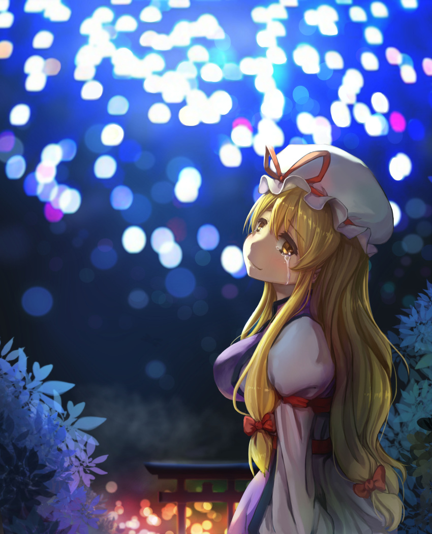 1girl absurdres blonde_hair bow crying crying_with_eyes_open fireworks hair_bow hair_ribbon hat highres long_hair looking_at_viewer mob_cap poly ribbon shaft_look smile solo streaming_tears tagme tears torii touhou yakumo_yukari yellow_eyes