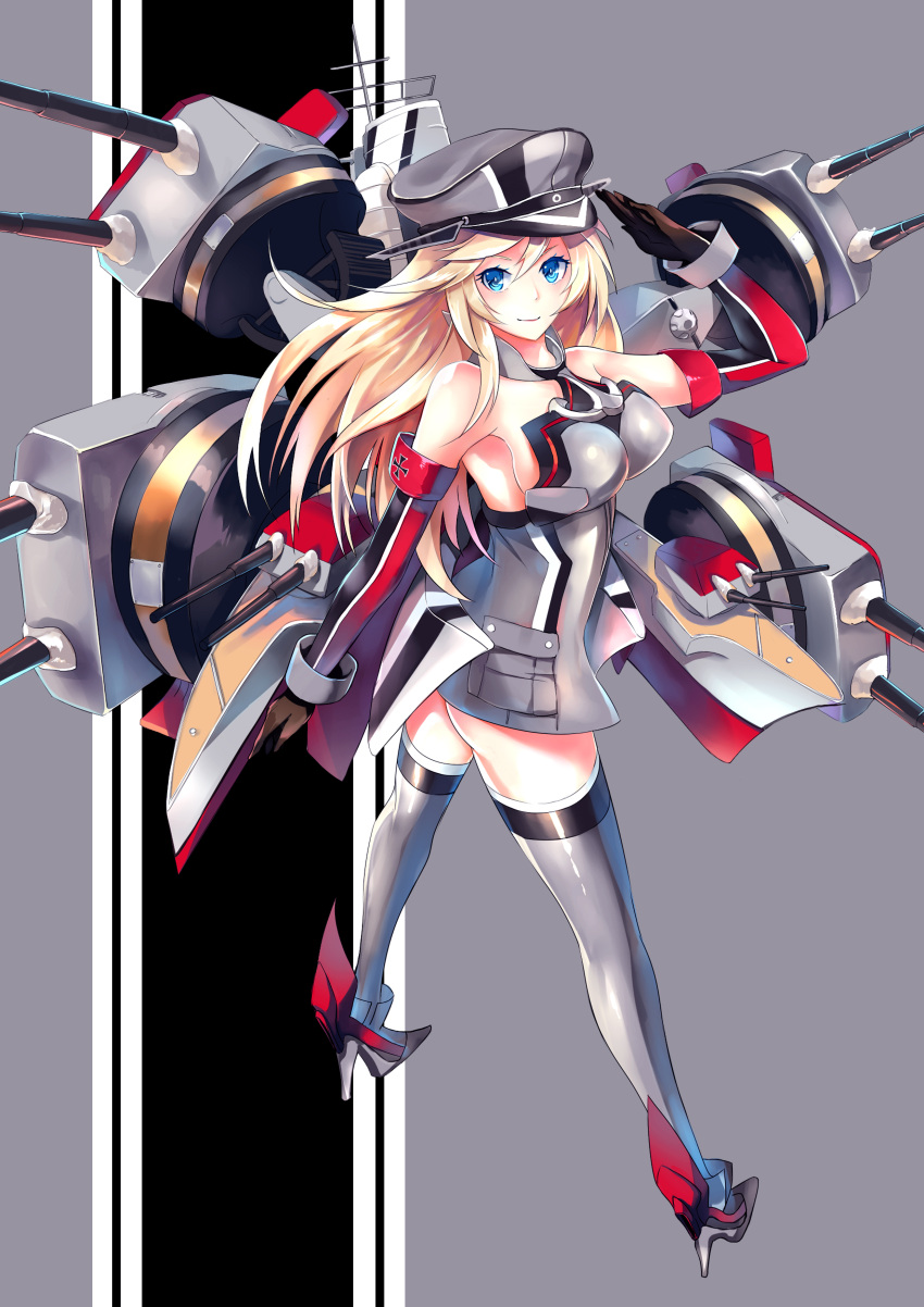 1girl absurdres bismarck_(kantai_collection) black_gloves blonde_hair blue_eyes breasts detached_sleeves devildogs from_behind full_body gloves grey_legwear hat high_heels highres kantai_collection large_breasts long_hair looking_at_viewer machinery peaked_cap salute smile solo standing thigh-highs