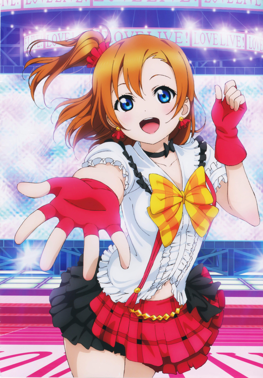 1girl absurdres blue_eyes blush bow brown_hair choker fingerless_gloves gloves highres kousaka_honoka love_live!_school_idol_project official_art open_mouth outstretched_arm ponytail solo