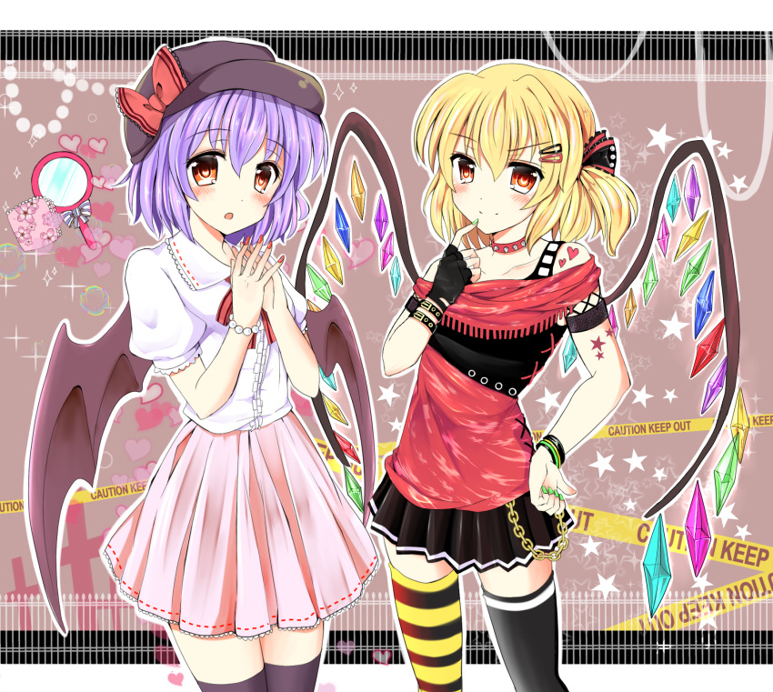 2girls alternate_costume asymmetrical_legwear bat_wings black_gloves black_legwear blonde_hair bow bracelet caution_tape chain collar fingerless_gloves flandre_scarlet gloves green_nails hair_ornament hair_ribbon hairclip hand_mirror hands_together hat hat_bow heart highres jewelry looking_at_viewer mirror multiple_girls open_mouth puffy_short_sleeves puffy_sleeves purple_hair red_eyes remilia_scarlet ribbon shirt short_sleeves siblings side_ponytail sisters skirt smile star striped striped_legwear takahasiy thigh-highs touhou wings zettai_ryouiki