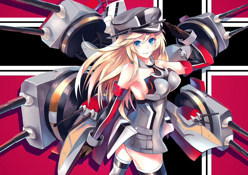 1girl bismarck_(kantai_collection) black_gloves blonde_hair blue_eyes breasts cowboy_shot detached_sleeves devildogs from_behind gloves grey_legwear hat high_heels highres kantai_collection large_breasts long_hair looking_at_viewer machinery peaked_cap salute smile solo thigh-highs