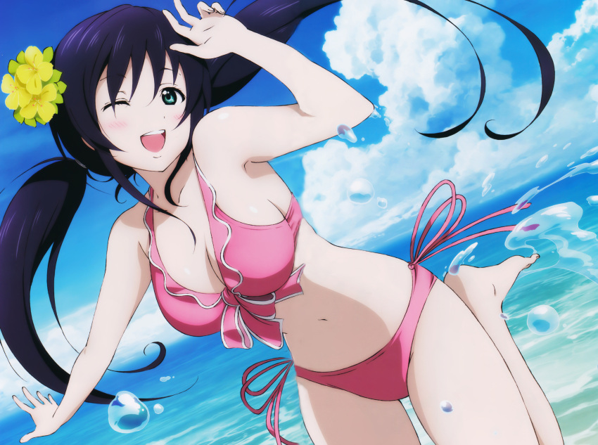 1girl absurdres bikini blue_hair breasts cleavage clouds detexted green_eyes highres long_hair love_live!_school_idol_project ocean official_art one_eye_closed open_mouth side-tie_bikini sky solo swimsuit toujou_nozomi twintails very_long_hair water