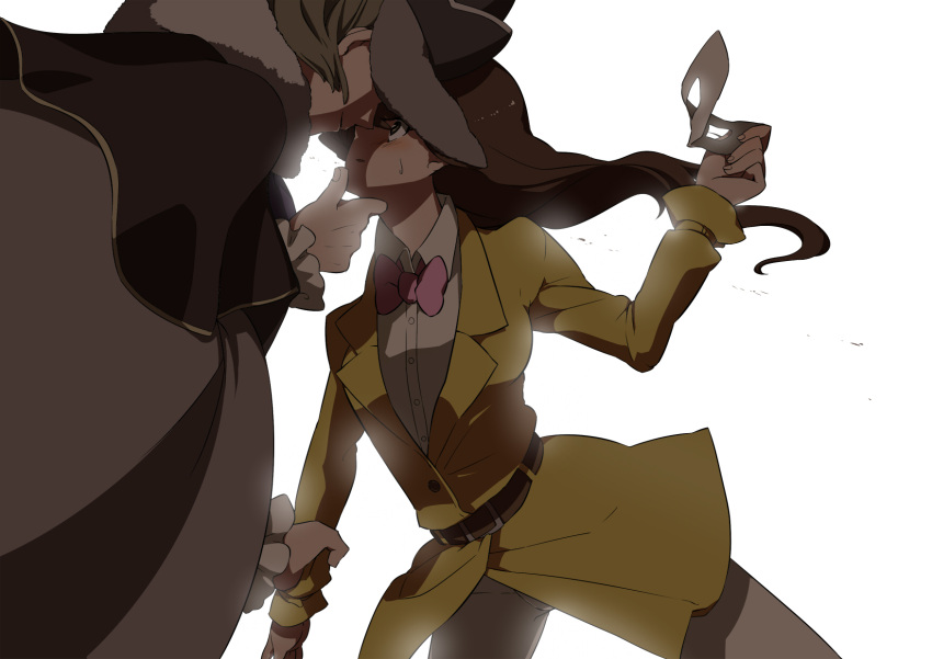 1boy 1girl bowtie brown_eyes brown_hair cloak fujikami_(lilac) grabbing hand_on_another's_face highres jacket jean_descole long_hair looking_at_another mask mask_removed professor_layton remi_altava sweatdrop white_background