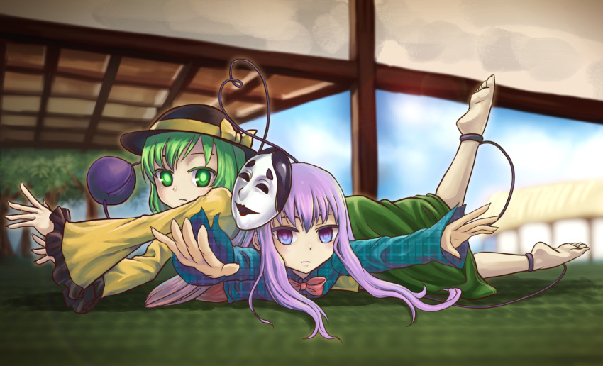 2girls anklet barefoot blue_sky bow chachami_ashu clouds colored_eyelashes expressionless frills glowing glowing_eyes grass green_eyes green_hair green_skirt hat hat_bow hata_no_kokoro jewelry komeiji_satori lavender_hair long_hair long_sleeves lying lying_on_person mask multiple_girls noh_mask outdoors outstretched_arms outstretched_hand perspective pink_skirt playing skirt sky tagme third_eye touhou tree violet_eyes