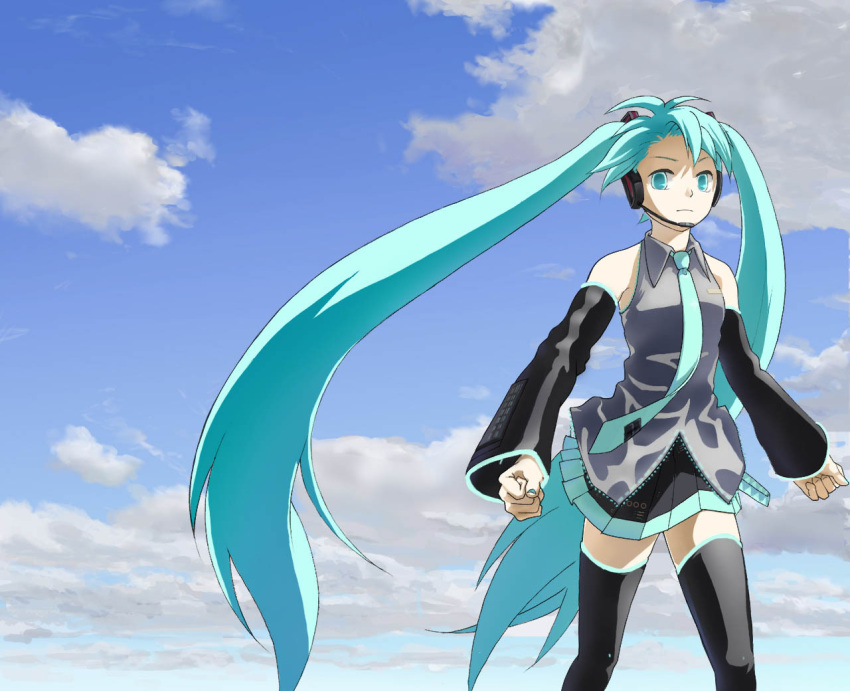 aqua_eyes aqua_hair cloud clouds detached_sleeves gyafun gyafun_(piapro) hatsune_miku headphones headset highres long_hair necktie skirt sky solo thigh-highs thighhighs twintails very_long_hair vocaloid zettai_ryouiki