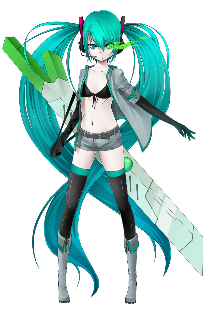 absurdres aqua_eyes aqua_hair belt bikini_top black_rock_shooter black_rock_shooter_(character) boots elbow_gloves fusion gloves glowing glowing_eyes hatsune_miku headphones headset highres koubyou long_hair midriff navel scar shorts simple_background solo spring_onion stitches themed_object thigh-highs thighhighs twintails very_long_hair vocaloid