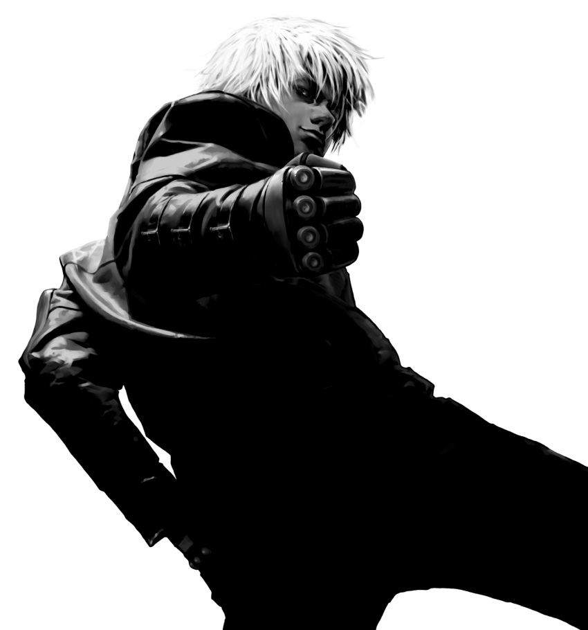gloves highres k' k' king_of_fighters male monochrome realistic snk solo tan white_hair