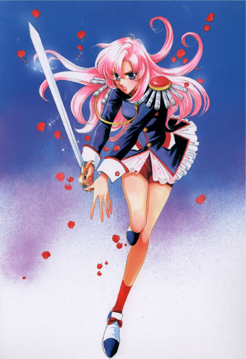 epaulettes highres long_hair official_art pink_hair saitou_chiho shoujo_kakumei_utena solo sword tenjou_utena weapon