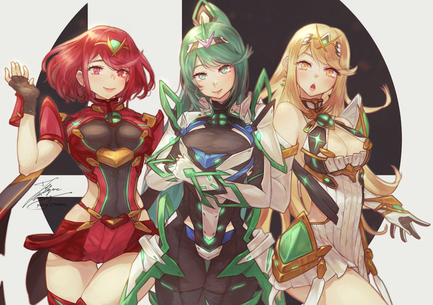 3girls bangs bare_legs bare_shoulders black_gloves blonde_hair blush breasts chest_jewel cleavage_cutout clothing_cutout dress dual_persona earrings elbow_gloves fadingzz fingerless_gloves gem gloves greek_text green_eyes green_hair headpiece high_heels jewelry large_breasts long_hair long_ponytail multiple_girls mythra_(xenoblade) neon_trim open_mouth pneuma_(xenoblade) ponytail pyra_(xenoblade) red_eyes red_legwear red_shorts redhead short_dress short_hair short_shorts shorts smash_invitation spoilers swept_bangs swimsuit thigh-highs thigh_strap tiara very_long_hair white_dress white_footwear white_gloves white_swimsuit xenoblade_chronicles_(series) xenoblade_chronicles_2 yellow_eyes