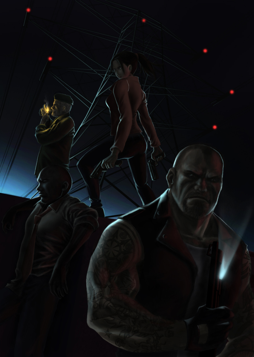 bald beard beret bill_(left4dead) brown_hair cigarette dark dress_shirt flashlight francis_(left4dead) gloves grey_hair gun hat highres jacket jeans karuma9 left_4_dead long_hair louis_(left4dead) necktie ponytail short_hair smoking tattoo tower vest zoey_(left4dead)