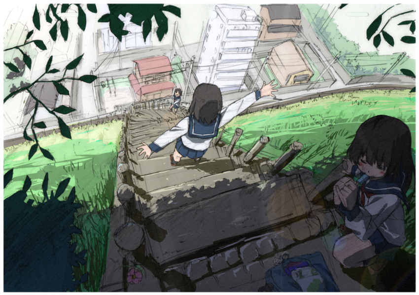 backpack bad_id bag black_hair blush field flower from_above hill lens_flare multiple_girls original outstretched_arms perspective school_uniform shade sketch spread_arms stairs town tree yoshio_(holbein)