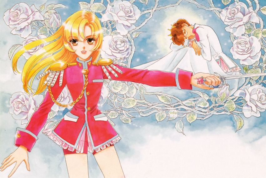 blonde_hair brown_hair closed_eyes epaulettes flower glasses highres himemiya_anthy lipstick multiple_girls official_art rose saitou_chiho scan shoujo_kakumei_utena sword tenjou_utena weapon white_rose yellow_eyes