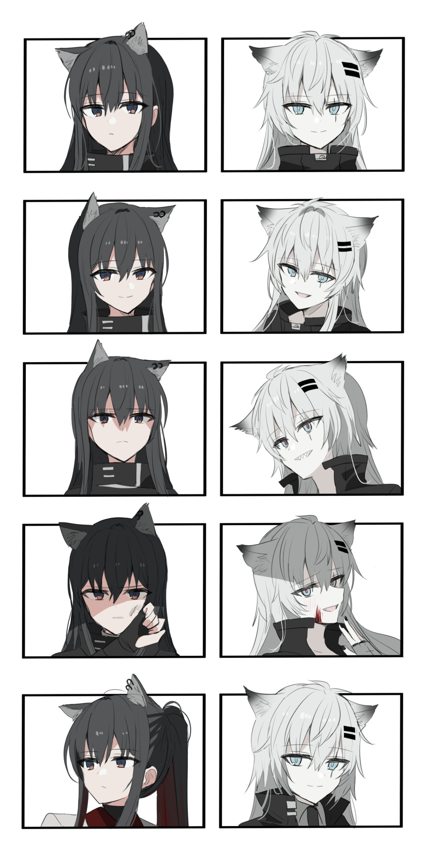 2girls :d absurdres animal_ear_fluff animal_ears arknights bangs black_hair black_jacket black_nails blood blood_on_face blue_eyes chihuri closed_mouth ear_piercing expressions eyebrows_visible_through_hair fang fingerless_gloves gloves grey_gloves grey_hair grin hair_between_eyes hair_ornament hairclip highres jacket lappland_(arknights) long_hair multicolored_hair multiple_girls multiple_views nail_polish piercing ponytail portrait red_pupils redhead scar scar_across_eye shaded_face sharp_teeth smile teeth texas_(arknights) two-tone_hair