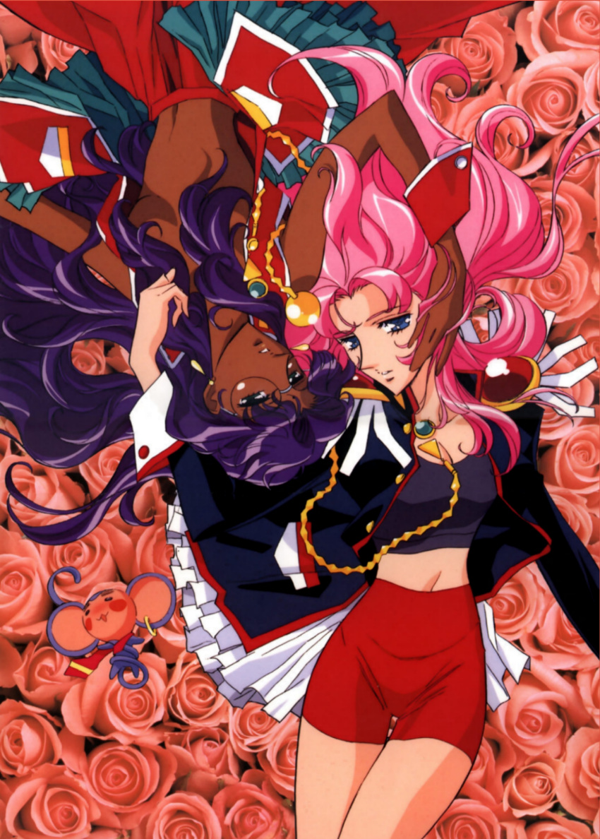 chu-chu dark_skin epaulettes flower glasses highres himemiya_anthy long_hair lying multiple_girls official_art pink_hair purple_hair rose scan shoujo_kakumei_utena tenjou_utena