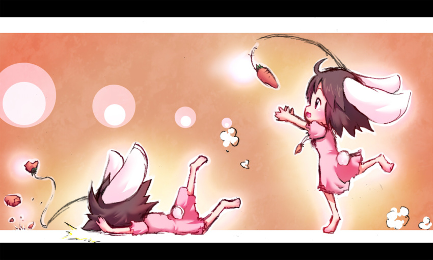 ayakashi_(monkeypanch) bait barefoot before_and_after brown_hair bunny_ears bunny_tail carrot chasing chibi faceplant failure fishing_rod food_awe inaba_tewi jewelry necklace rabbit_ears short_hair sketch tail touhou trip tripping