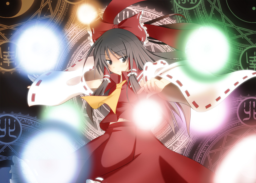 black_eyes black_hair bow danmaku detached_sleeves exion_(neon) hair_bow hakurei_reimu long_hair magic_circle midriff solo touhou