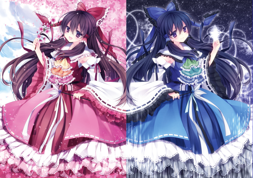 alternate_color ascot black_hair blue_sky bow brown_eyes brown_hair cherry_blossoms day detached_sleeves dual_persona energy_ball frilled_skirt gohei hair_bow hair_tubes hakurei_reimu highres long_hair long_sleeves looking_at_viewer mikazuki_sara night open_mouth petals player_2 shirt skirt skirt_set sky smile touhou tree twig very_long_hair violet_eyes wide_sleeves