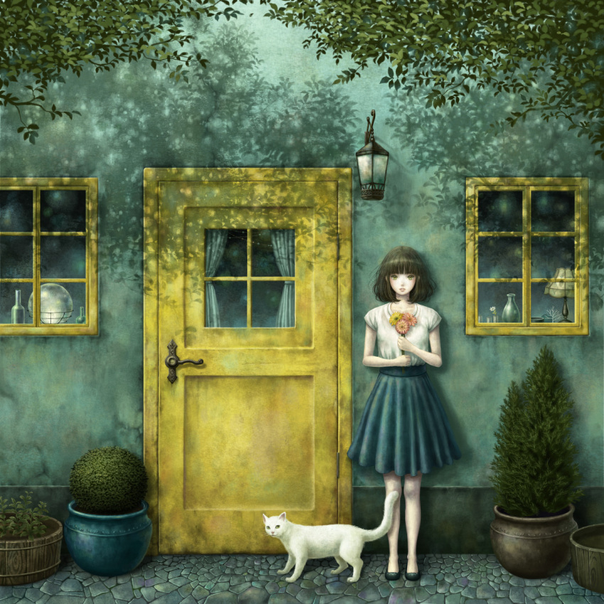 1girl bottle brown_hair building cat commentary curtains door flower green_eyes highres holding kazami_(kuroro) lamp lantern looking_at_viewer orb original outdoors pale_skin plant potted_plant road shadow short_hair skirt solo standing street tree window