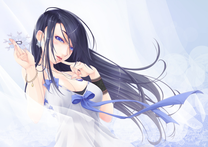 1girl 45_(diagonal45angle) blue_eyes bracelet breasts cleavage finger_to_mouth jewelry large_breasts lips long_hair looking_at_viewer necklace original ribbon snowflake_earrings solo very_long_hair wind