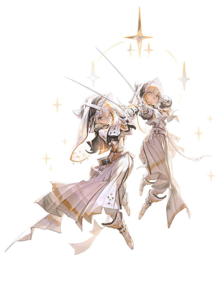 +_+ 2girls absurdres armored_boots bangs black_eyes boots closed_mouth clothing_request eyebrows_hidden_by_hair full_body gloves hair_between_eyes hand_up heterochromia highres holding holding_sword holding_weapon hrrry long_skirt looking_at_viewer mismatched_pupils multiple_girls open_mouth orange_eyes original pleated_skirt pose rapier serious siblings simple_background skirt sparkle star_(symbol) sword twins v-shaped_eyebrows weapon white_background white_gloves white_hair white_headwear white_skirt