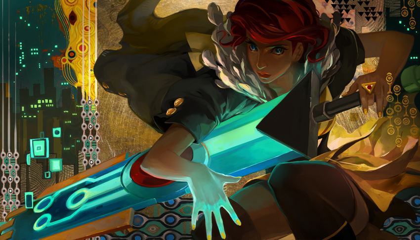 1girl blue_eyes building cityscape huge_weapon jen_zee lips nail_polish official_art red_(transistor) redhead short_hair sword the_transistor transistor_(game) weapon