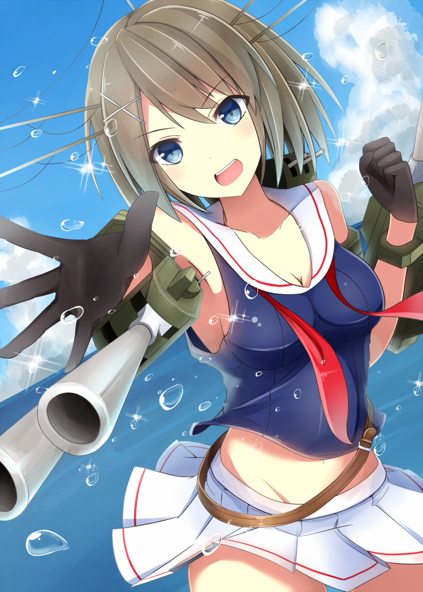 1girl aa_(sin2324) armpits blue_eyes brown_hair gloves headgear highres kantai_collection machinery maya_(kantai_collection) midriff open_mouth short_hair solo turret water_droplets