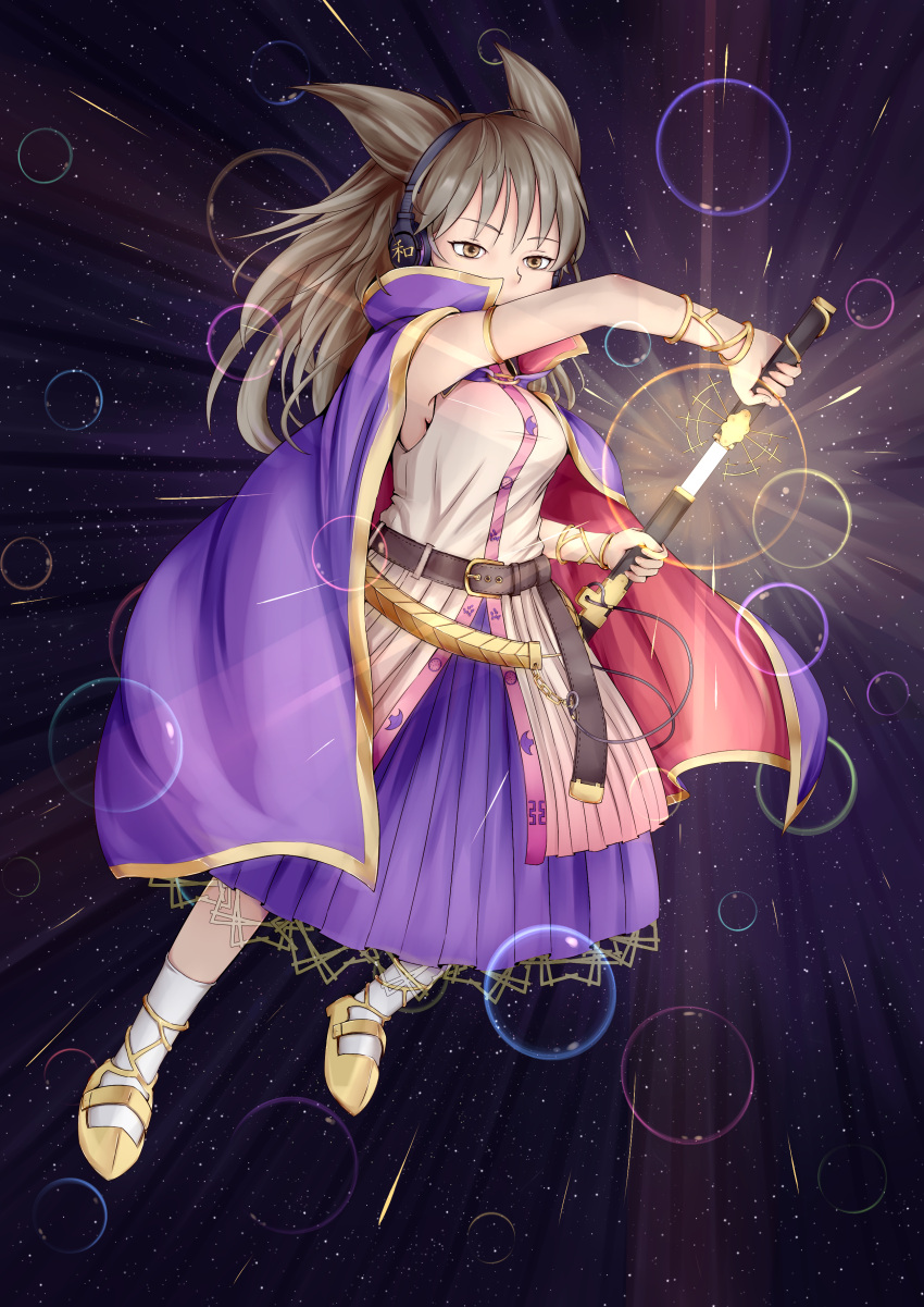 1girl absurdres armpits belt bracelet breasts brown_eyes brown_hair cape drawing_sword dress earmuffs glint highres hiyashi_mikan jewelry pointy_hair sandals scabbard sheath skirt socks solo star starry_background sword touhou toyosatomimi_no_miko weapon