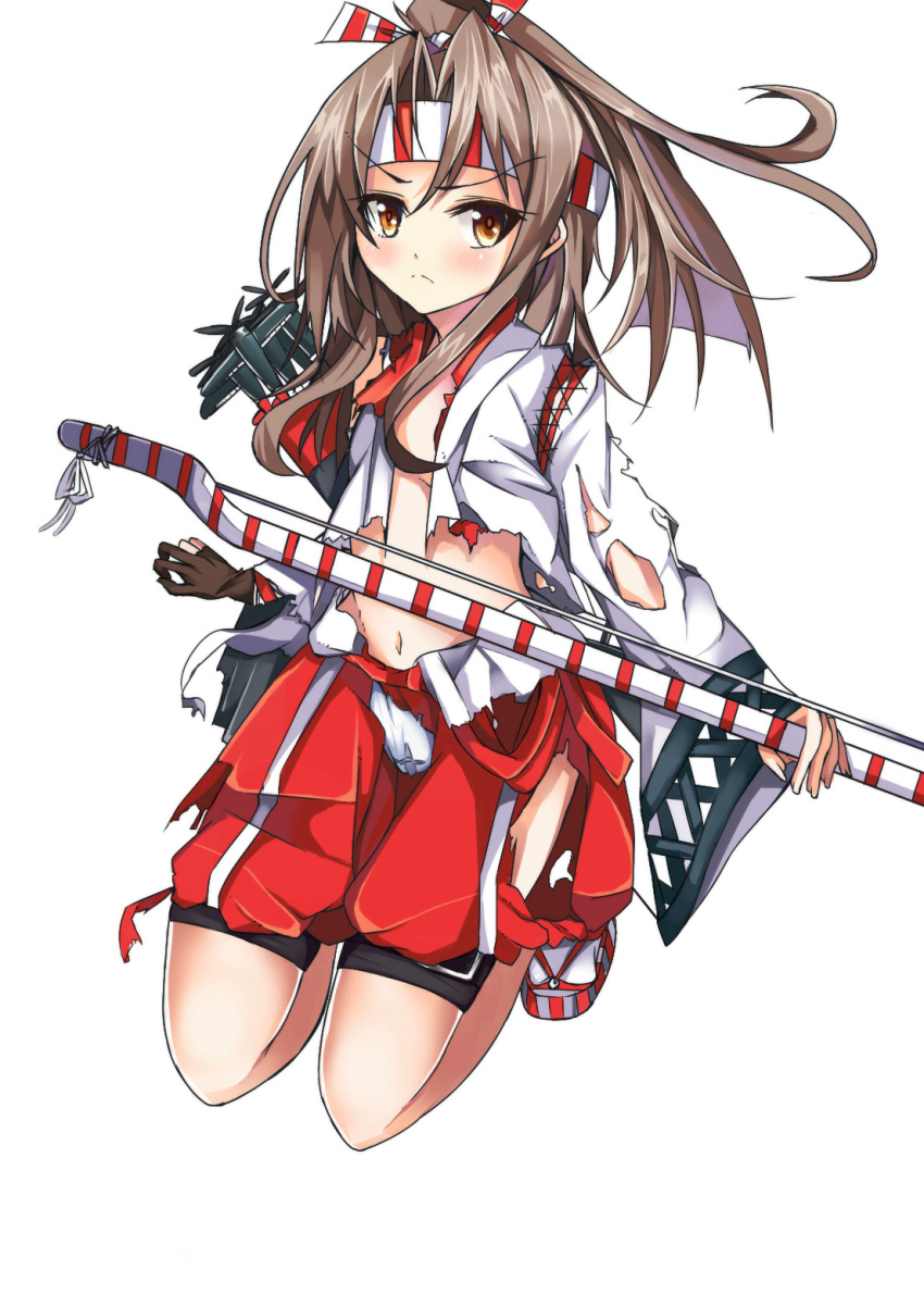 &gt;:( 1girl blush bow_(weapon) brown_eyes brown_gloves brown_hair gloves hachimaki headband highres japanese_clothes kantai_collection looking_at_viewer navel sandals setu_(shining12) shorts simple_background single_glove solo torn_clothes torn_shorts weapon white_background wide_sleeves yugake zuihou_(kantai_collection)